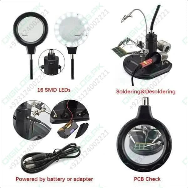 Advanced 2.5x-4x 16 SMD LEDs Desk Lamp Iron Soldering Base Magnifier Glass Helping Hand Station Stand TE-802 In Pakistan