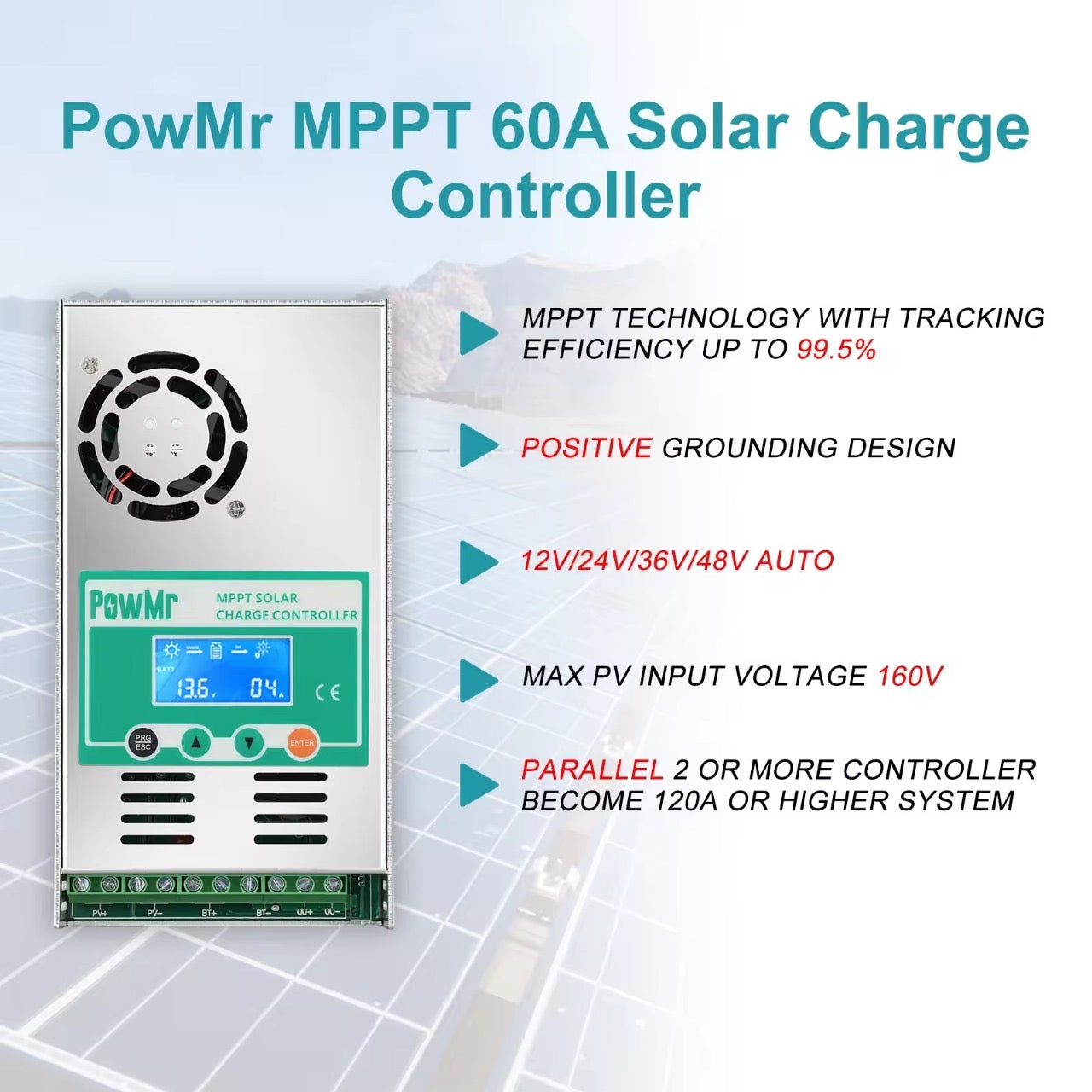 PowMr MPPT Solar Charge Controller 60 amp 48V 36V 24V 12V Auto - Max 160VDC Input, LCD Backlight Solar Charge Controller