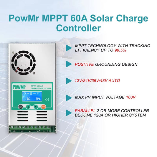 PowMr MPPT Solar Charge Controller 60 amp 48V 36V 24V 12V Auto - Max 160VDC Input, LCD Backlight Solar Charge Controller