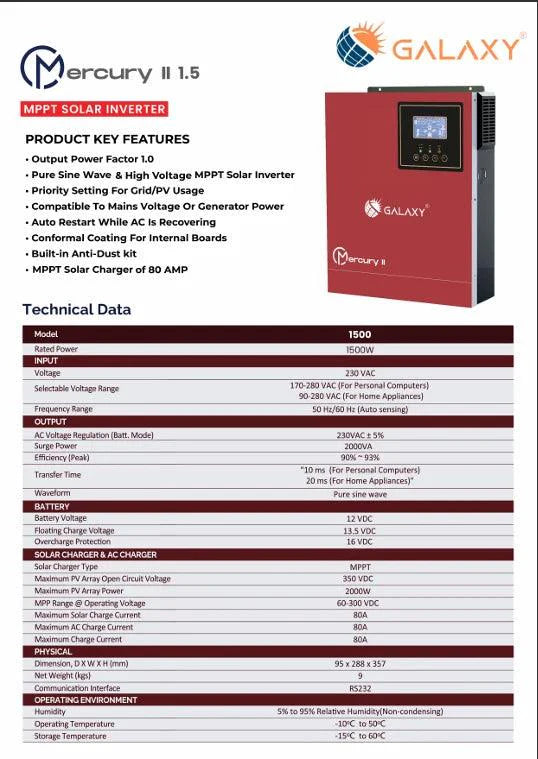Galaxy Mercury II PV2200 (1500-12) Solar Inverter