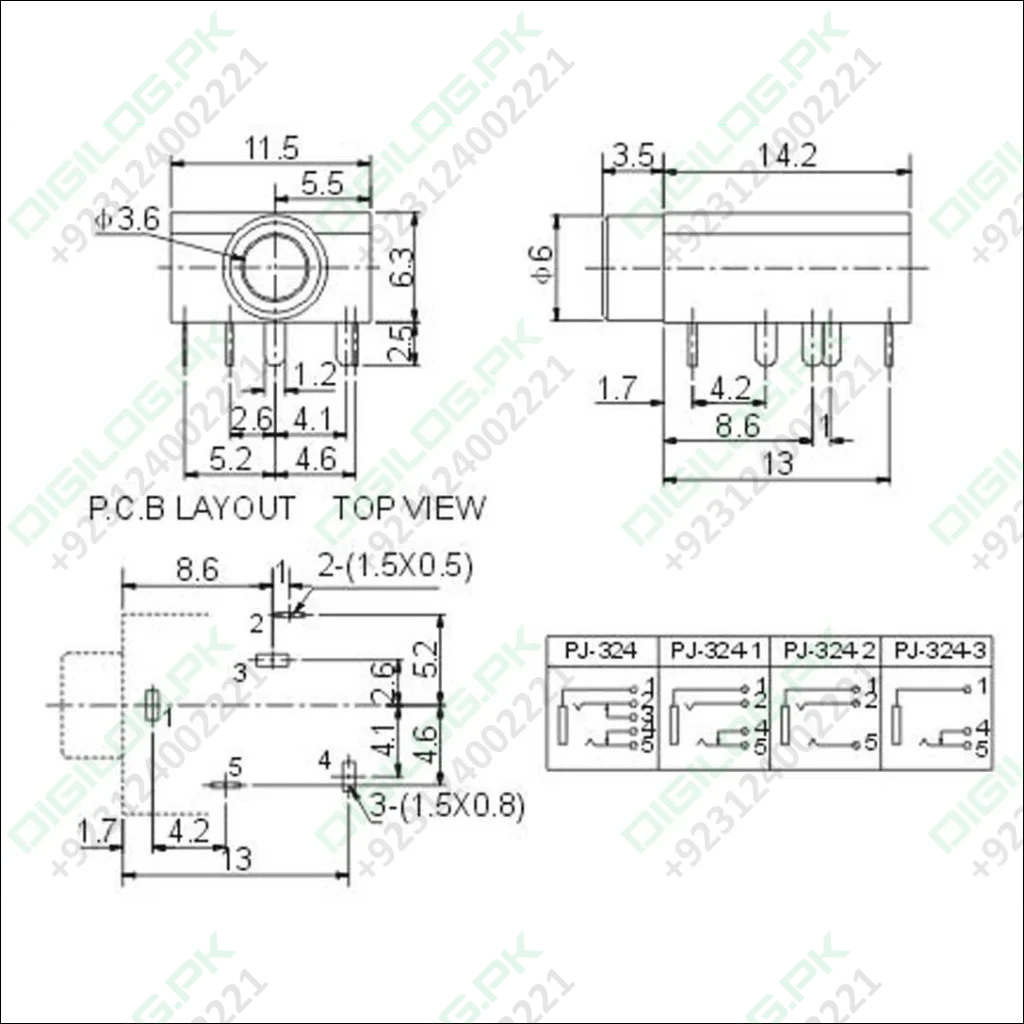 Pj-324 Pcb Mount Female Audio Connector Dip Stereo Headphone Jack