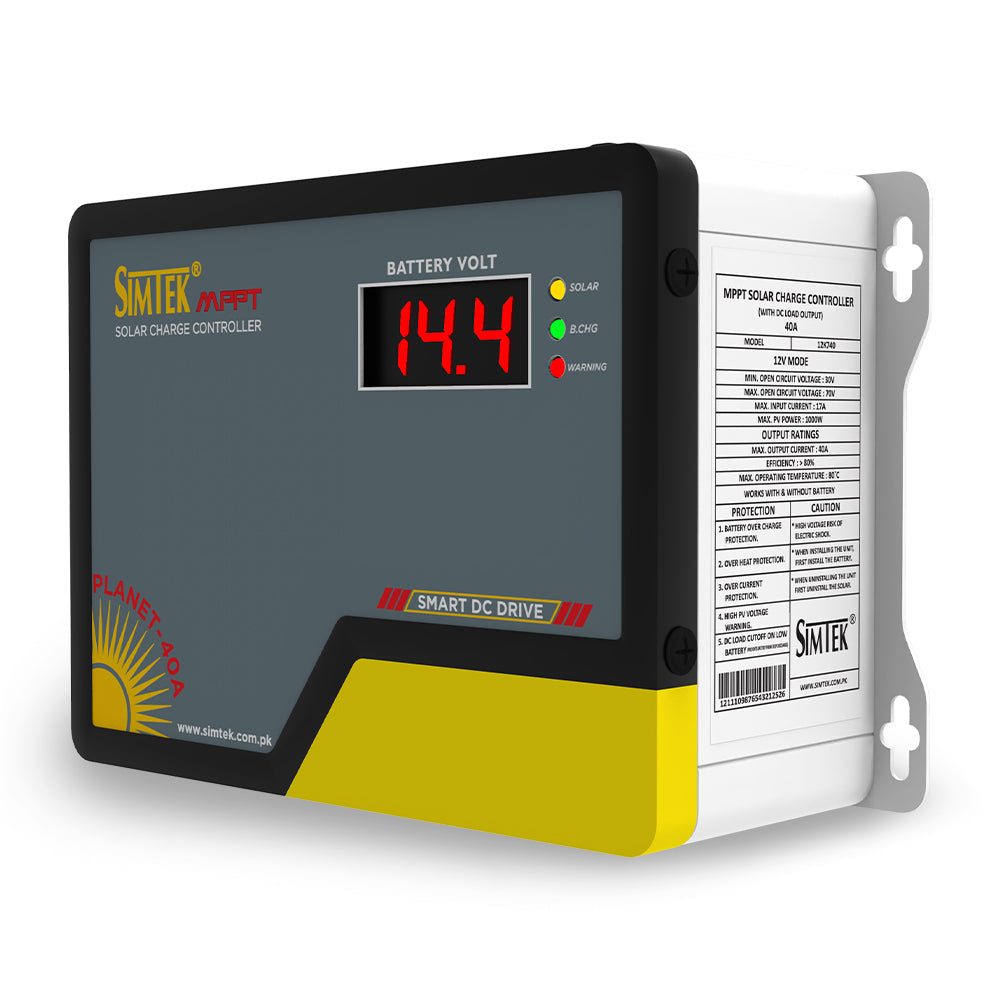 Simtek Planet 40 – 40A MPPT Solar Charge Controller – 70 VOC, 40A | 12V | Low Battery Load Cutoff | Works with & without Battery – 3 Months Warranty