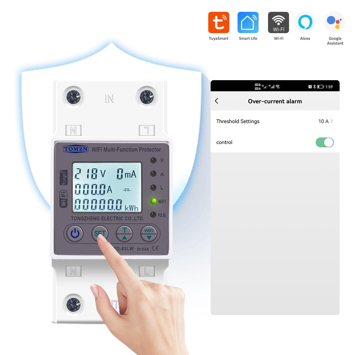 TOMZN 63A WIFI Smart Switch TUYA Energy Meter Kwh Metering Circuit Breaker Timer with voltage current and leakage protection