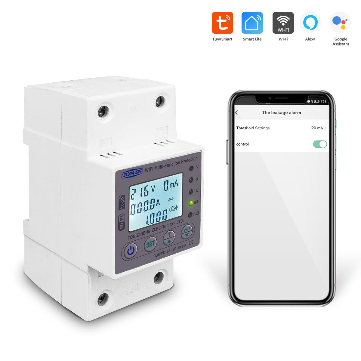 TOMZN 63A WIFI Smart Switch TUYA Energy Meter Kwh Metering Circuit Breaker Timer with voltage current and leakage protection