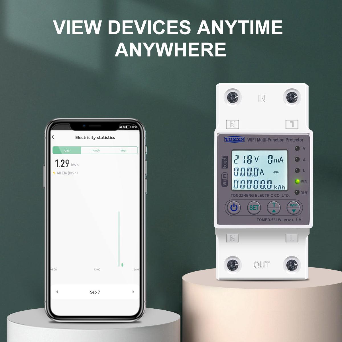 TOMZN 63A WIFI Smart Switch TUYA Energy Meter Kwh Metering Circuit Breaker Timer with voltage current and leakage protection