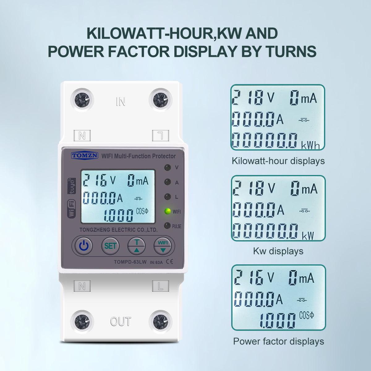 TOMZN 63A WIFI Smart Switch TUYA Energy Meter Kwh Metering Circuit Breaker Timer with voltage current and leakage protection